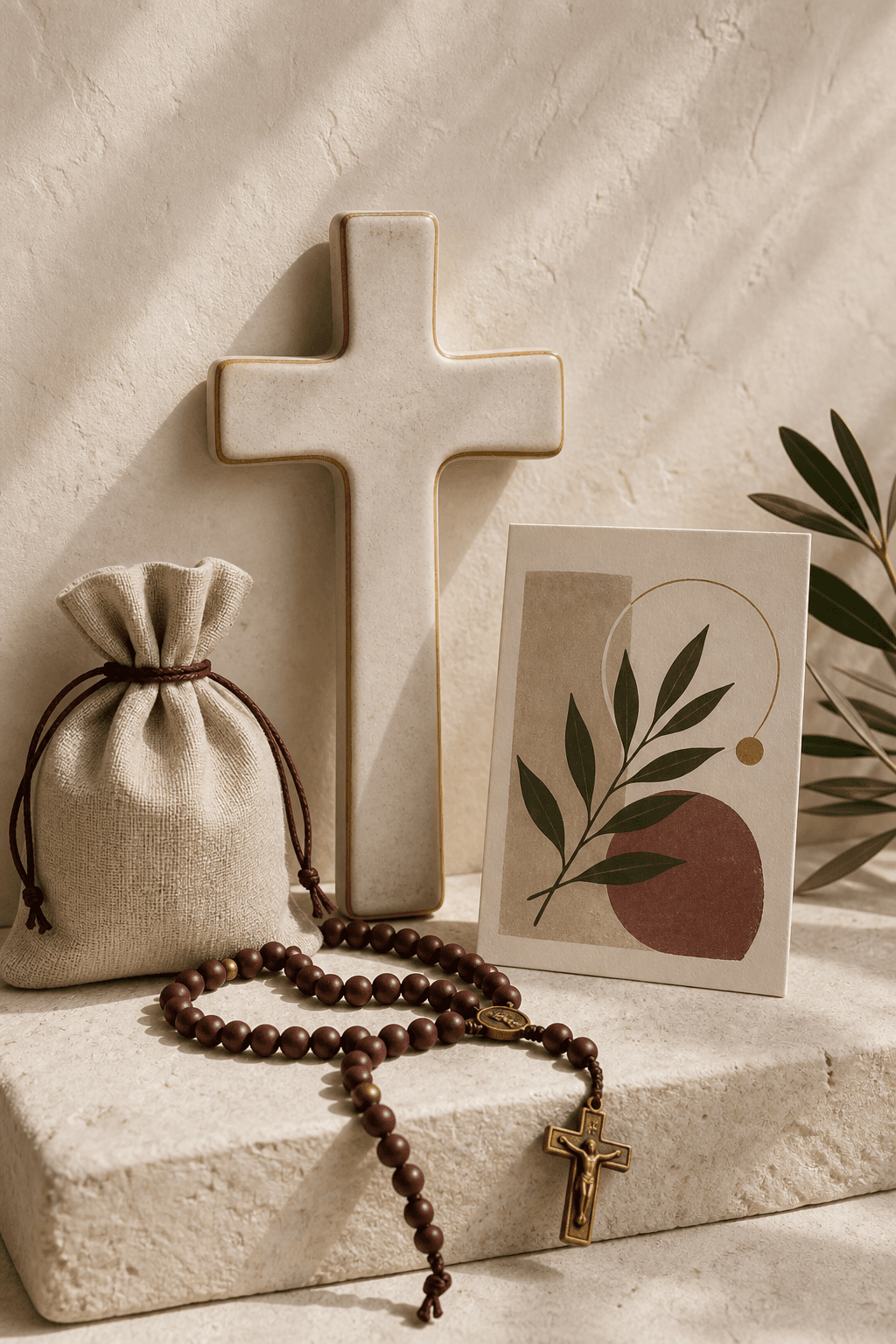 Ręcznie wykonany różaniec, ceramiczny krzyż i opakowanie prezentowe